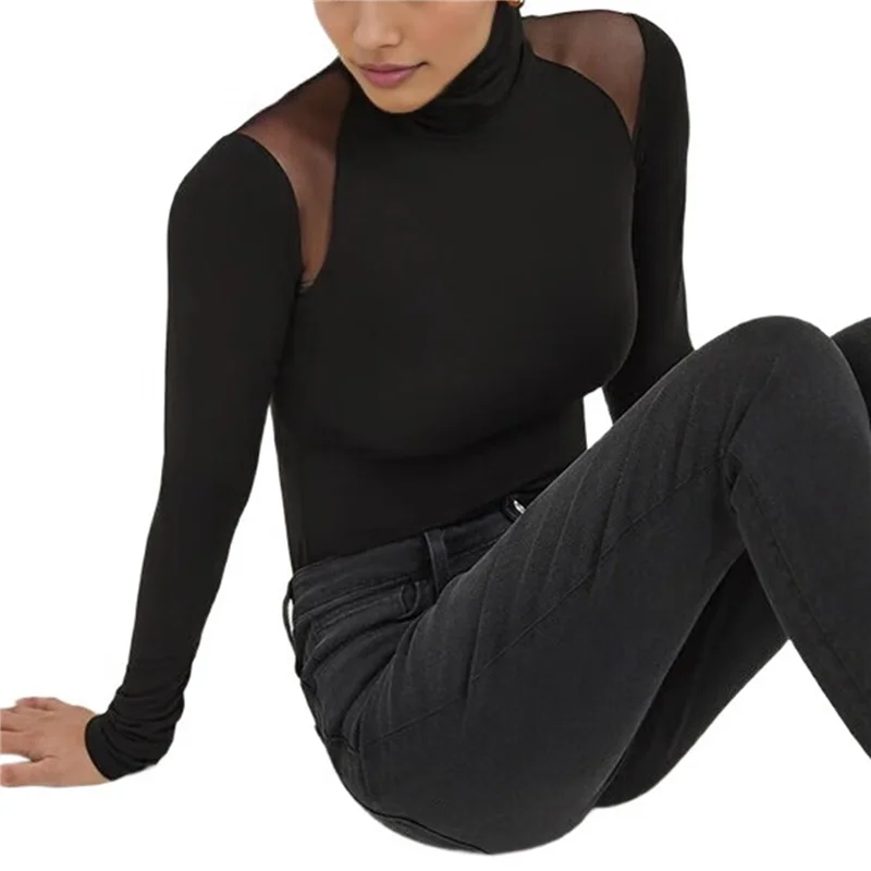 

Горячие женские сетчатые топы с длинными рукавами Kf-женские прозрачные боди для вечеринок и клубов, боди для ночного клуба, черный S