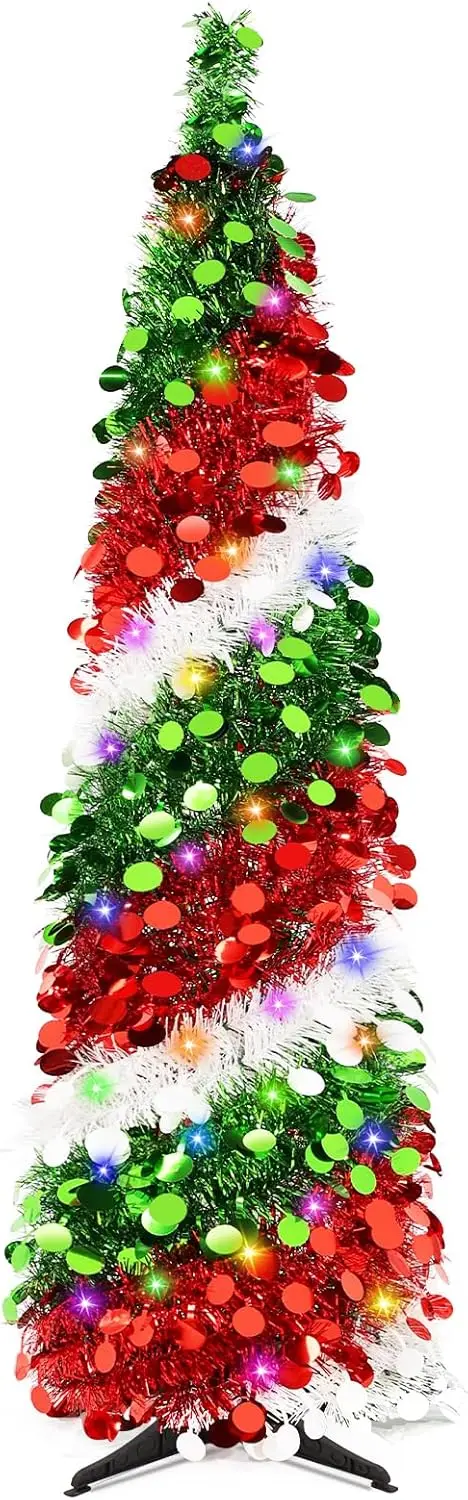 

Всплывающая рождественская елка длиной 5 футов с огнями, складная узкая искусственная мишура для праздничного декора в помещении и на открытом воздухе (зеленый, красный, Wh