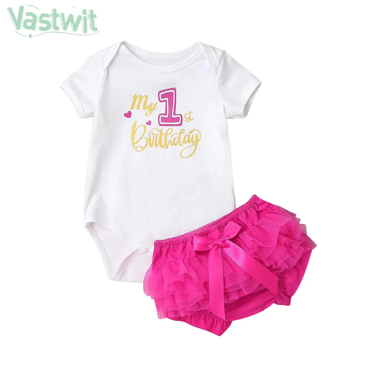 

Toddler Baby Girls Short Sleeve Cute Letter Print Romper with Tutu Skirt Headband Photography Baptism Birthday Party Costume