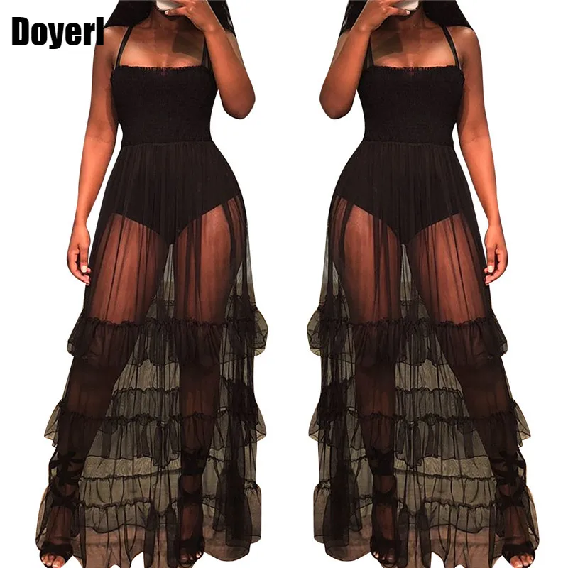 

Sheer Mesh Maxi Dress Women Sleeveless See Through Black Slip Dress Tiered Mesh Beach Sundresses Summer Sexy Club Party Dresses