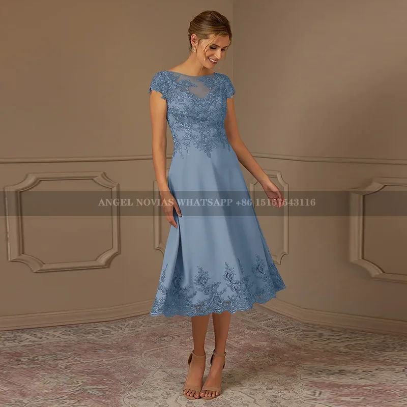 

Tea Length Dusty Blue Mother of the Bride Dresses for weddings Party Gown vestidos de fiesta elegantes 2024 para boda