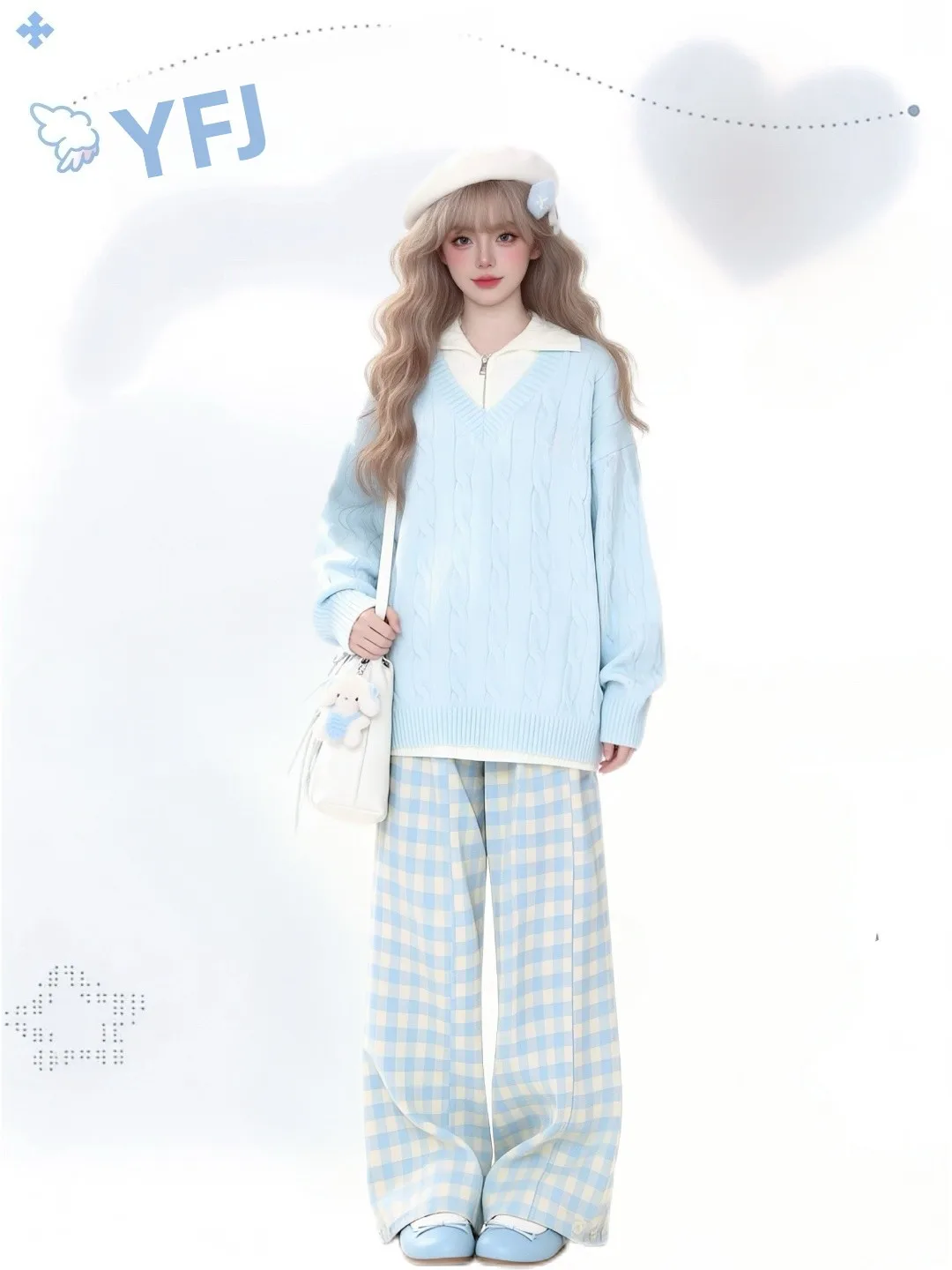 

AURA Milk Blue Plaid Casual Pants Women's Dopane Spring Autumn Loose Slimming Lazy Straight Leg Wide Leg Pants