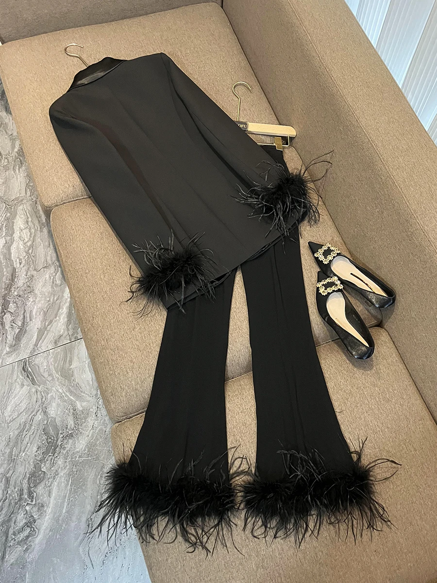 European Style Luxury High Street Feather Patchwork Suit White Suits Chic Women 2 Pieces Pants Set