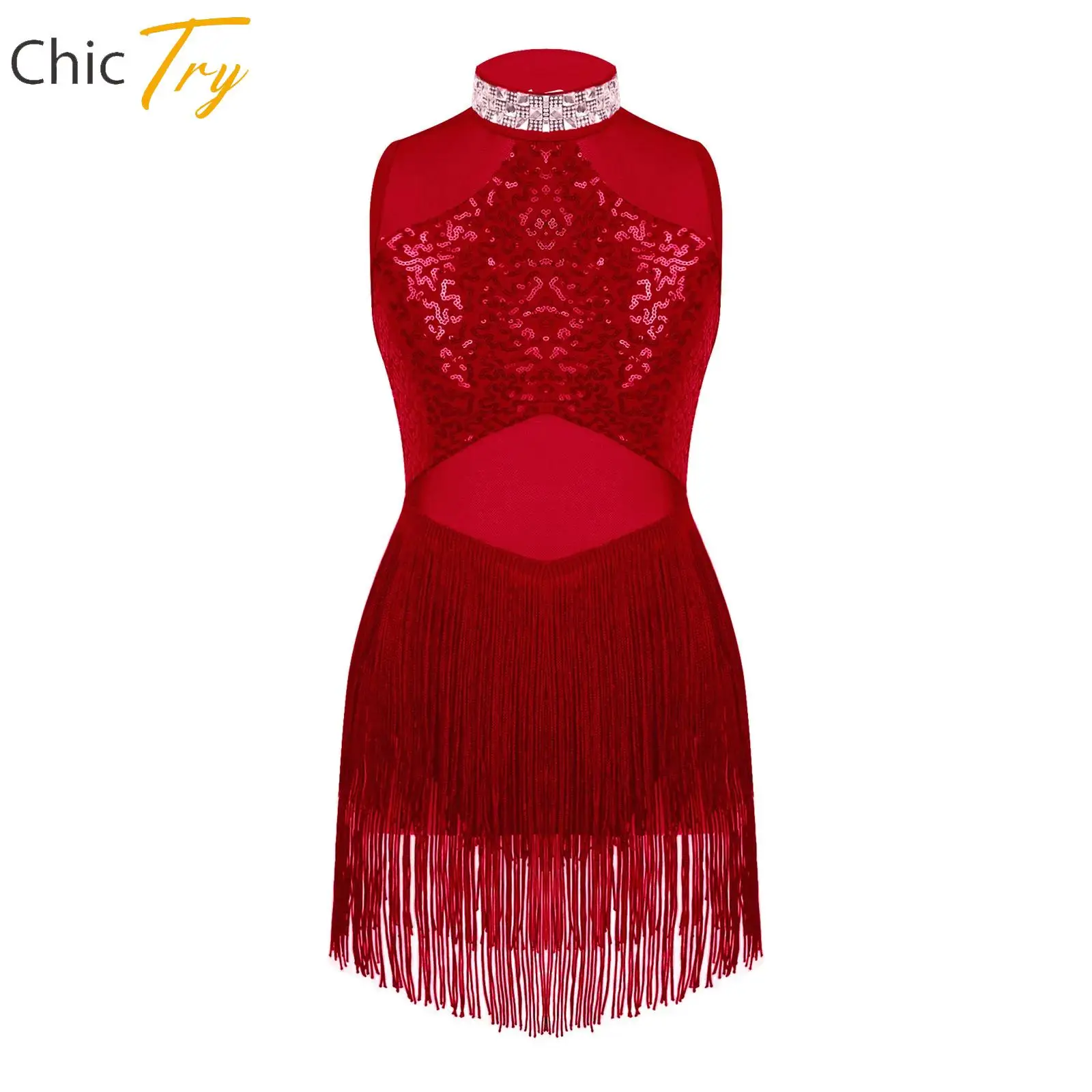 

Children Girls Rhinestone Jazz Dance Dresses Shiny Sequins Patchwork Mesh Tassel Hem Dance Leotards Performance Fashion Costumes