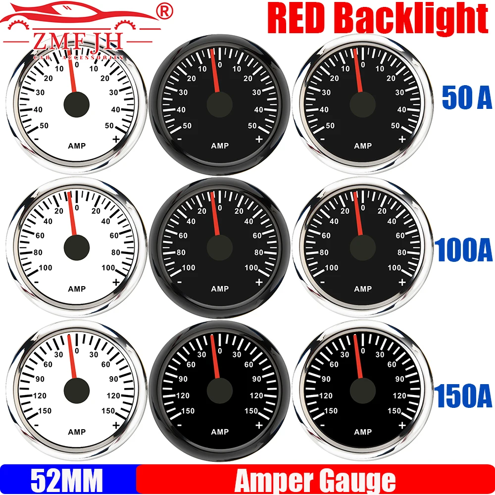 ZMFJH Red Backlight 52mm Ammeter with Current Sensor Amperemeter +/-50A/+/-150A +/-100A AMP Gauge for Auto Car Boat Yacht 12V24V