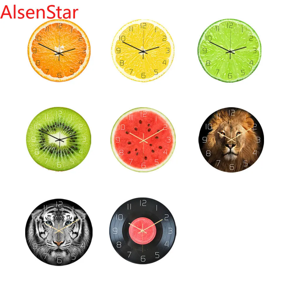 

UV Printing Fruit Animal Wall Clock Acrylic Kiwi Watermelon Painting Mute Wall Hanging Clock Watch Living Room Home Decoration