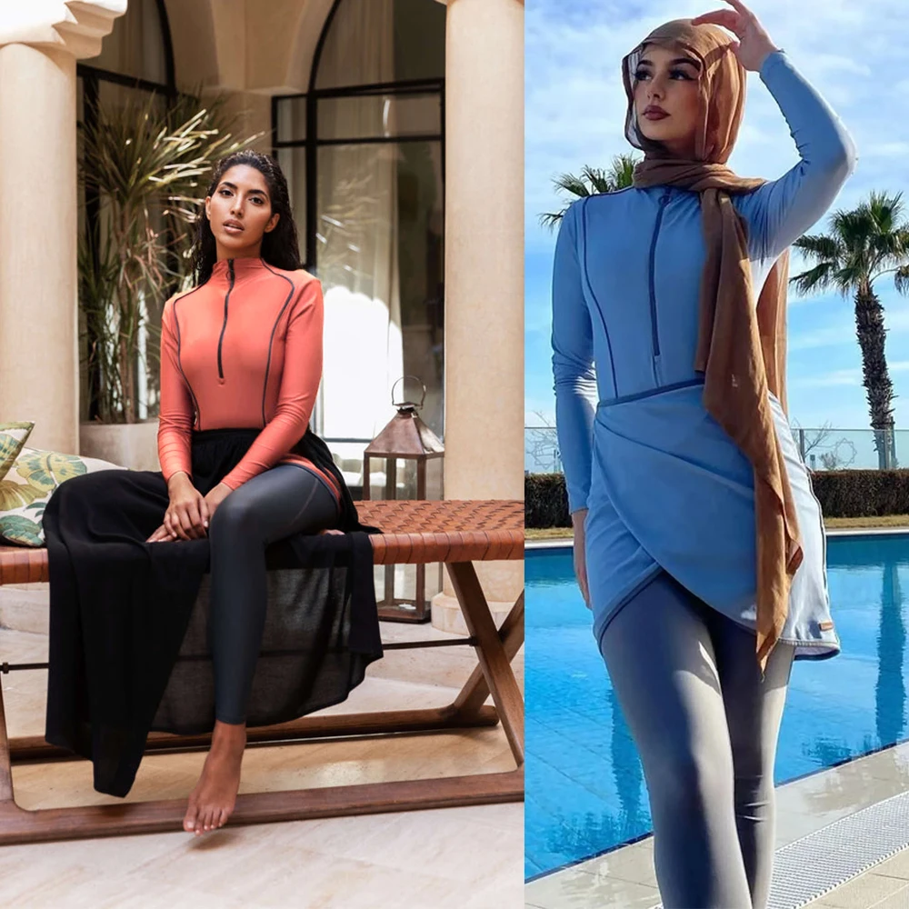 2024 summer new solid color quick-drying three-piece Muslim conservative swimsuit trousers long-sleeved sun protection swimsuit