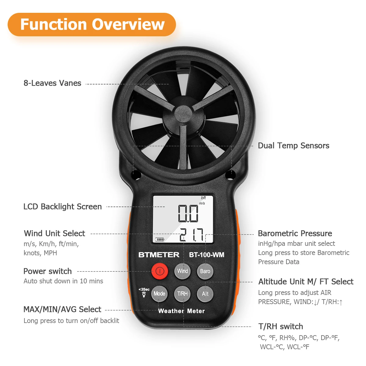 Digital Anemometer BT-100-WM Handheld Wind Speed Meter with Back Light LCD Screen for Measuring Wind Speed Temperature humidity