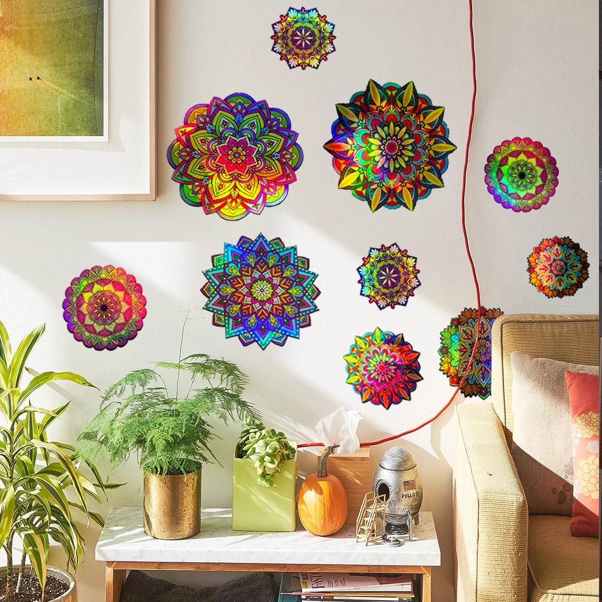 Laser Texture Gradient Colorful Mandala Wall Sticker Paper Different Viewing Angles Different Pattern Colors Home Decorations