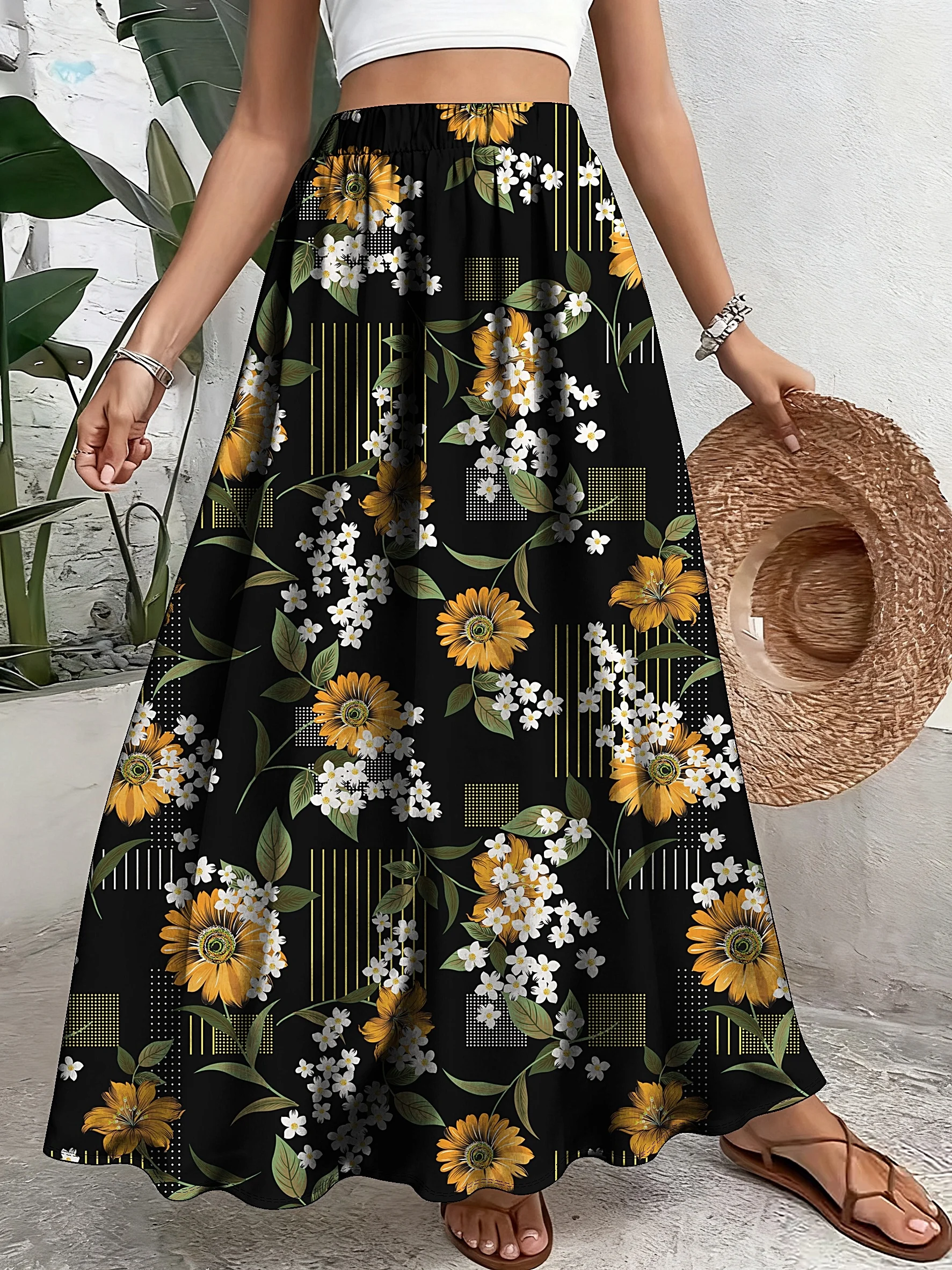 Plus Size, Elegant A-Line Skirt With Elastic Waistband & Ruffled Hem - Non-Stretch Polyester Suitable For All-Season Wear