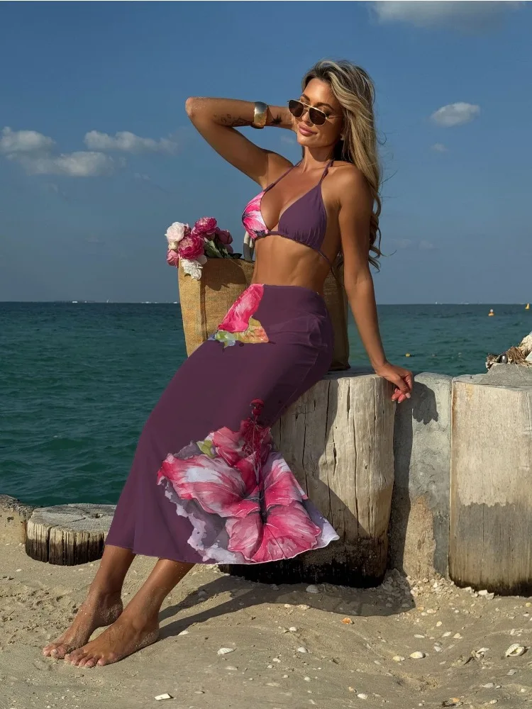 Letni Damski Seksowny Biały Strój Kąpielowy Bikini 3-częściowy z Kwiatowym Nadrukiem, Siateczkowa Długa Spódnica, Push Up, Strój Plażowy na Wakacje, Nowość 2025