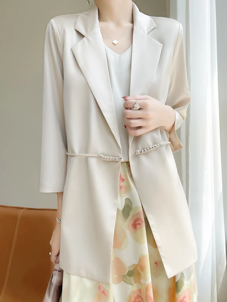 Sommer Neue Sle frauen Anzug Jaet V-Ne Belted Svel Satin Acetat Faionable Lose Fit Reine Farbe Vielseitig