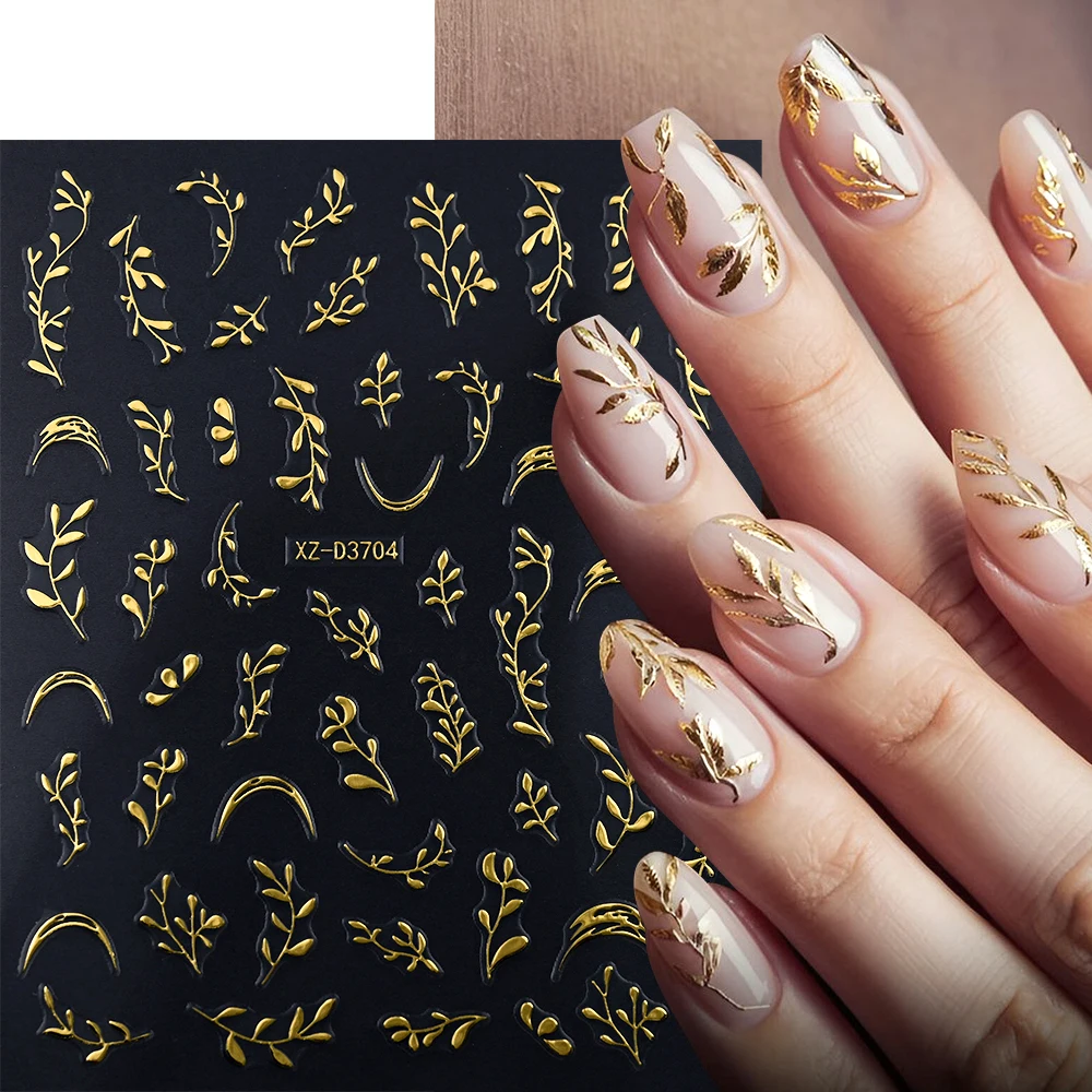 

3D Golden Bronzing Leaf Design Nail Stickers Maple Leaves Leaf Branches Geometric French Nail Art Decals DIY Manicure #Supplies_