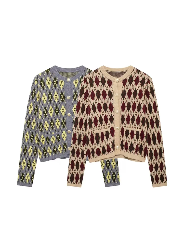 

TRZA-Women's Front Patch Pockets Argyle Knit Cardigan Sweater, Long Sleeve, Button-up, Female Outerwear, Chic Tops, Fashion