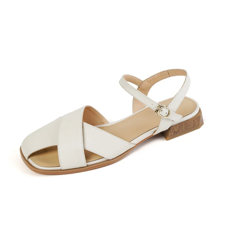 Women Sandals SmallHut Summer Genuine Leather Low Heeled Ladies Beige Geen Ankle Strap Side Buckle Closed Toe Fisherman Shoes