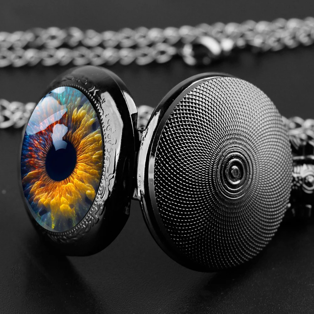 Creative Eye Pupil Design Black Quartz Necklace Pocket Watch With Chain Pendant Steampunk Vintage Gifts Clock for Women Men Kids