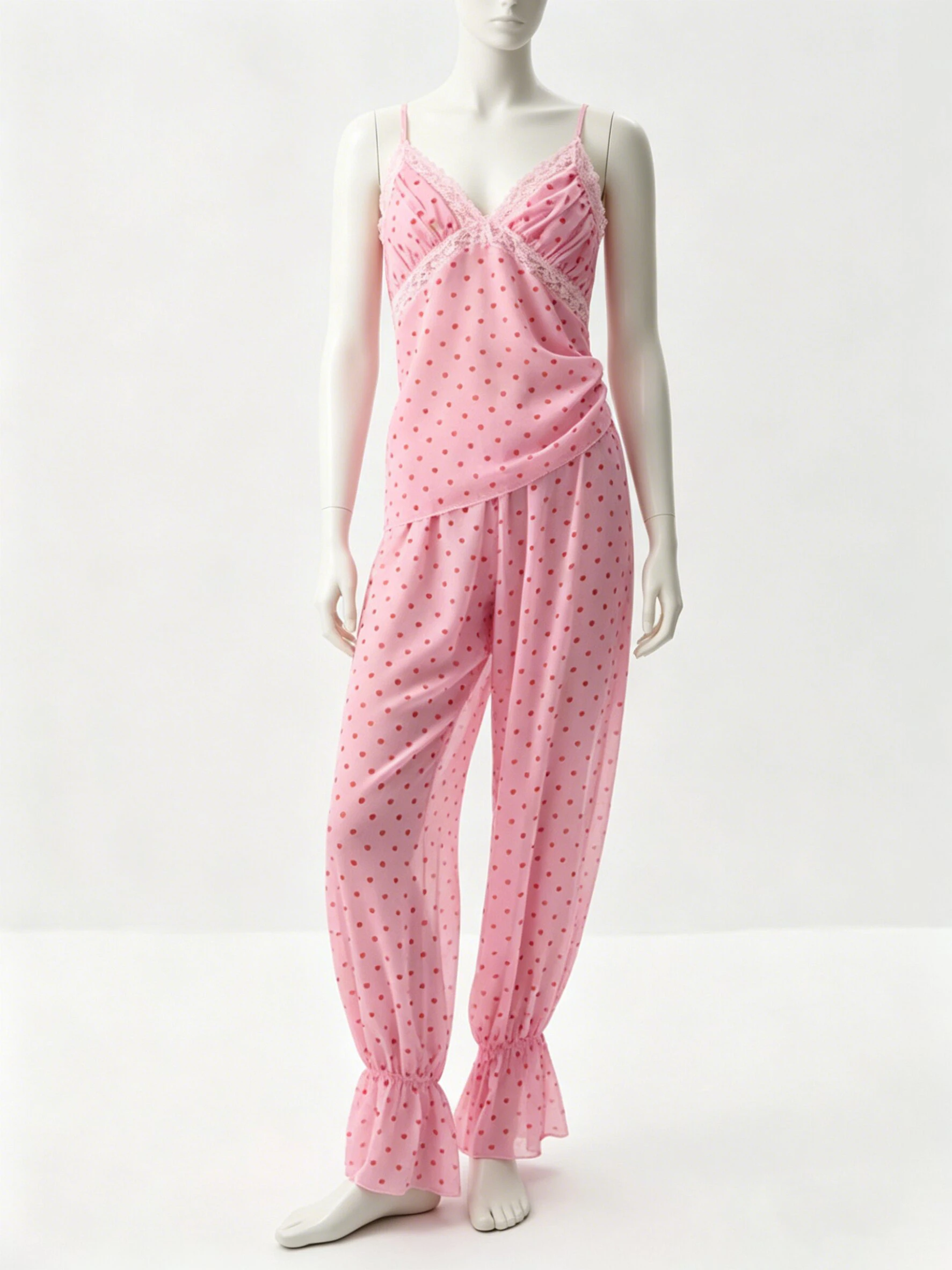 LIMO Pink Polka Dot Lace Cami Pajama trousers Set, Soft Sleepwear for Women