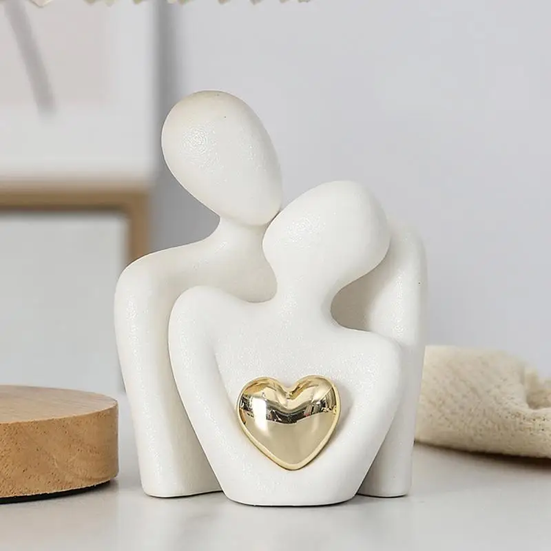 Heart-Shaped Gold-Plated Abstract Simple Character Decoration Wine Cabinet Hallway Couple Hug Art Decoration Ceramic Crafts