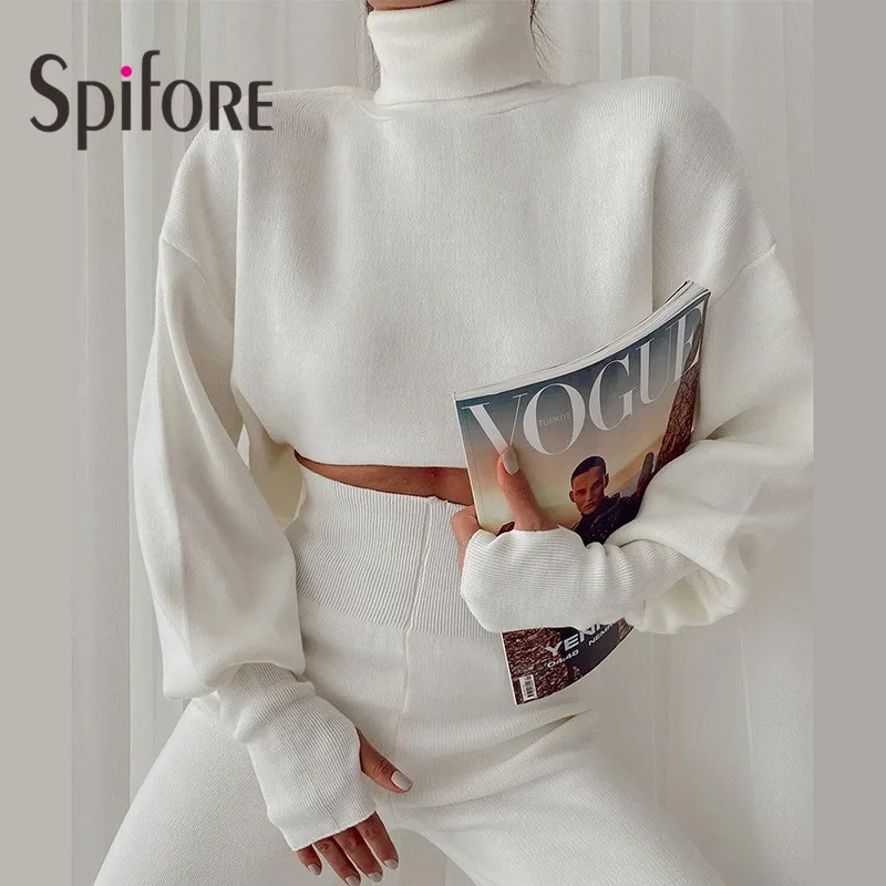 Spifore Knitted Turtleneck Woman Pullovers Long Sleeve Solid Loose Casual Fall Winter Fashion Sweaters INS Women Crop Top