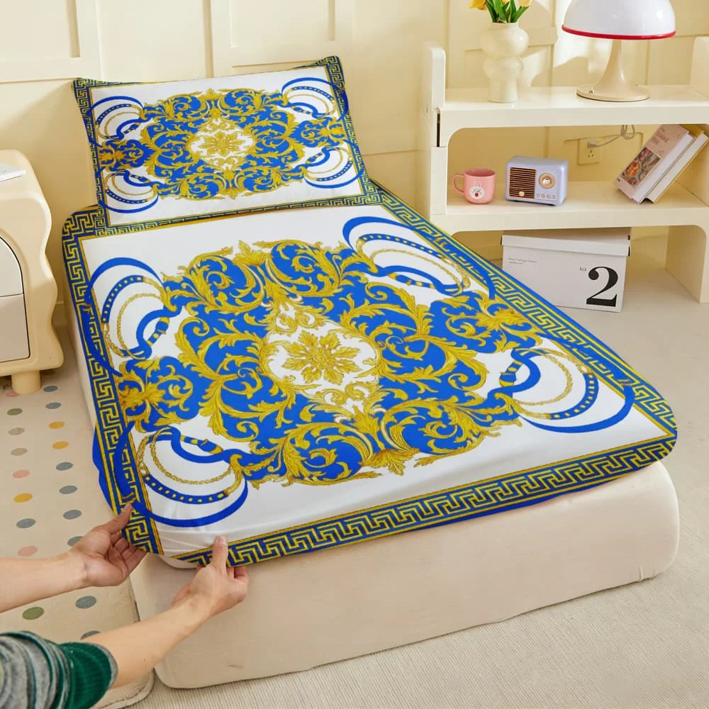 1pc Baroque Gold & Blue Scroll Print Fitted Sheet Deep Pocket Elastic Mattress Cover Single Double Queen King Bedroom Decor