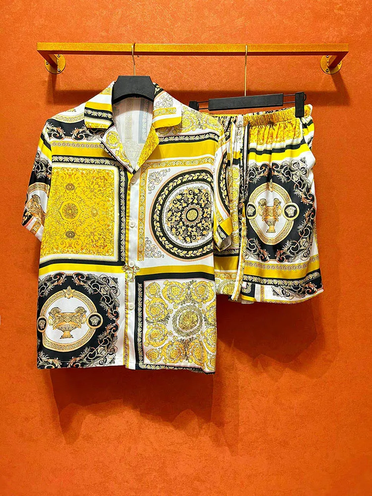 S-5XLLuxury Men's Social Hawaiian Shirt Sets Fashion Lapel Short Sleeve Top Shorts 2 Piece Outfit Casual Loose Men Suit Clothing