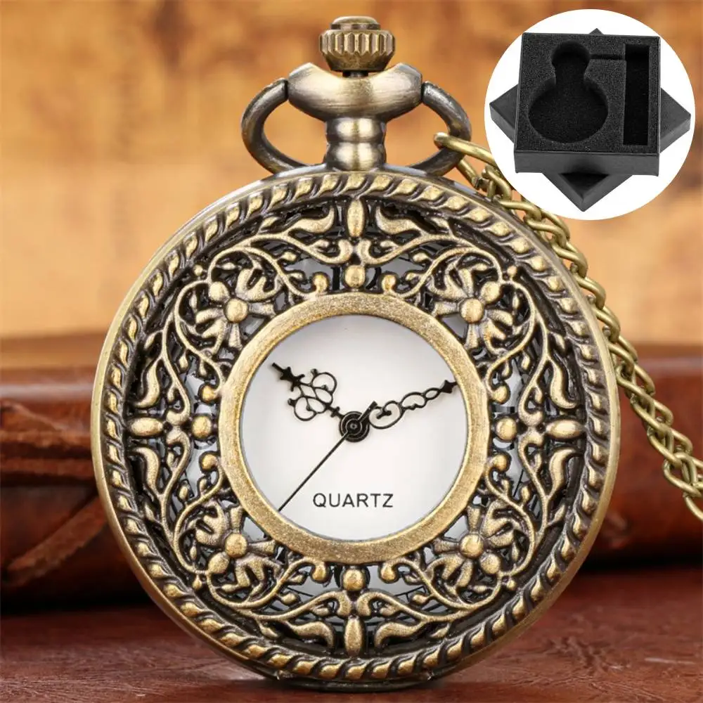 Vintage Hollow Flowers Half Hunter Bronze Quartz Pocket Watch Arabic Numerals White Dial Necklace Pendant Pocket Timepiece Gift