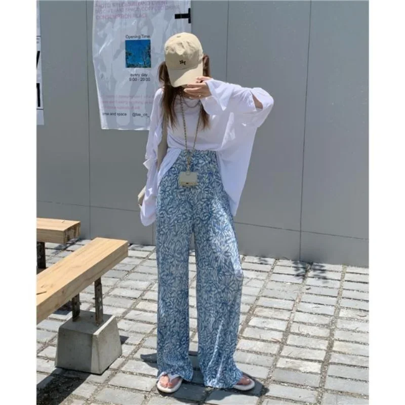 Print Y2k Harajuku High Waist Long Pants Women Casual Wide Leg Pants Loose Pleated Stretch Korean Fashion Trouser Sweatpants