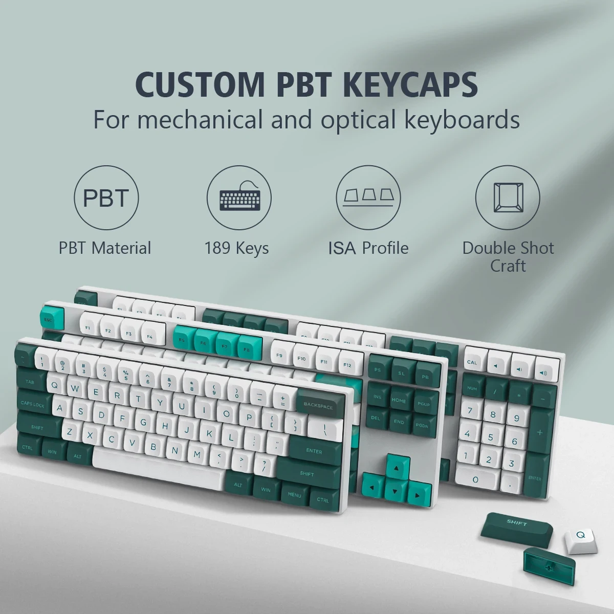 189 Keys Green Keyboard Keycaps ISA Profile Double Shot PBT Keycaps for Cherry Gateron MX Switches Gaming Mechanical Keyboards