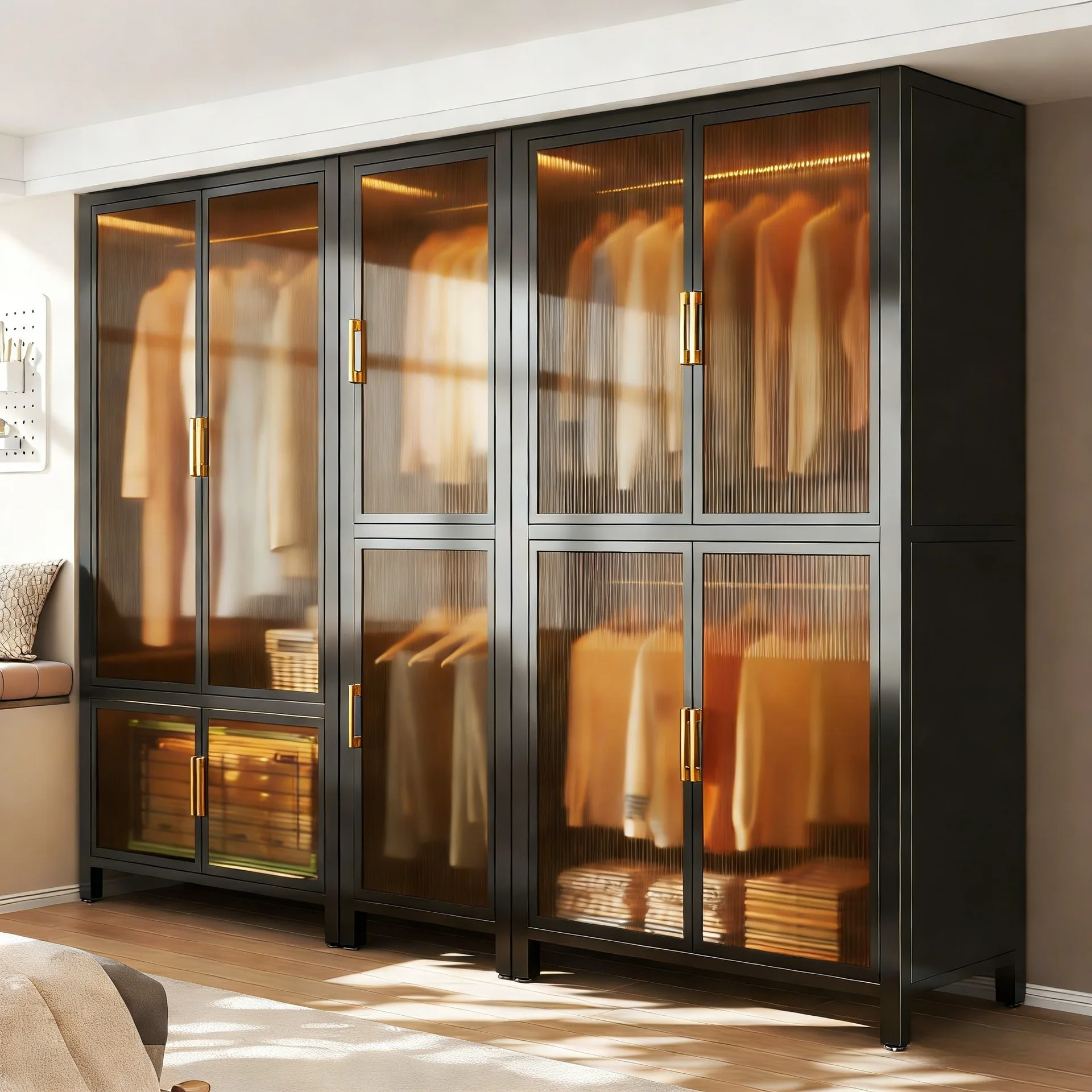 Modern Steel Glass Wardrobe Closet Bedroom Home Iron Metal Living Room Storage Baby Open Wardrobe Organizer Dressing Furniture