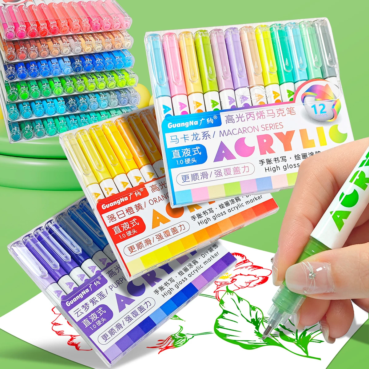 12 Colors/Box Direct Liquid Hardhead High-Gloss Acrylic Marker, Suitable for Student Notebook Writing, DIY Painting and Graffiti