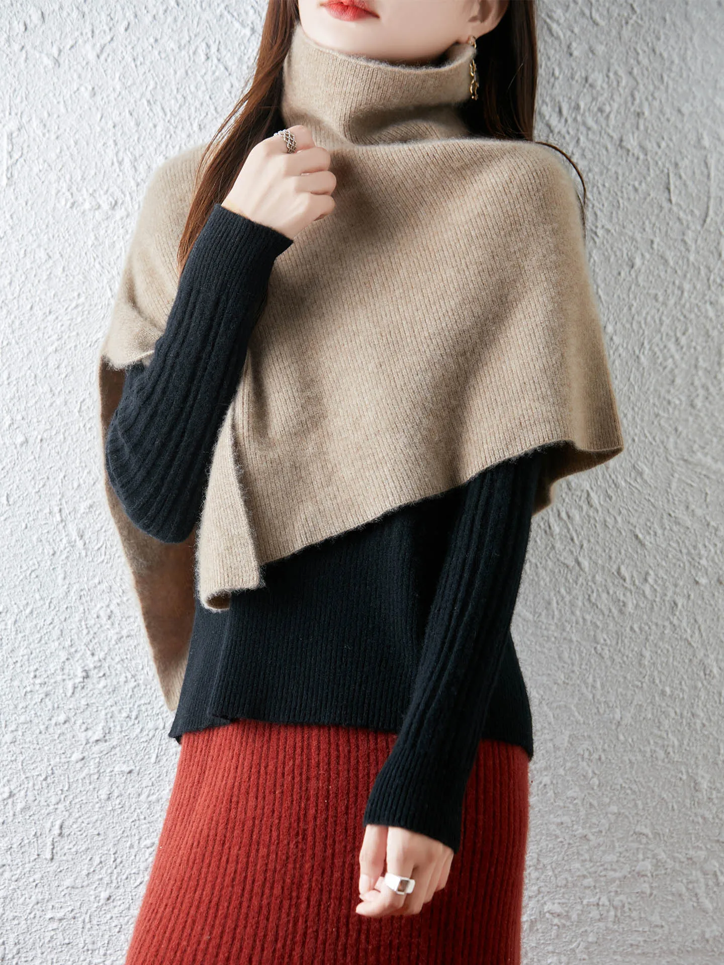 

Женский пуловер с шалью из 100% мериносовой шерсти, водолазка, вязаная верхняя одежда, осенне-зимний кашемировый свитер, однотонный универсальный трикотаж