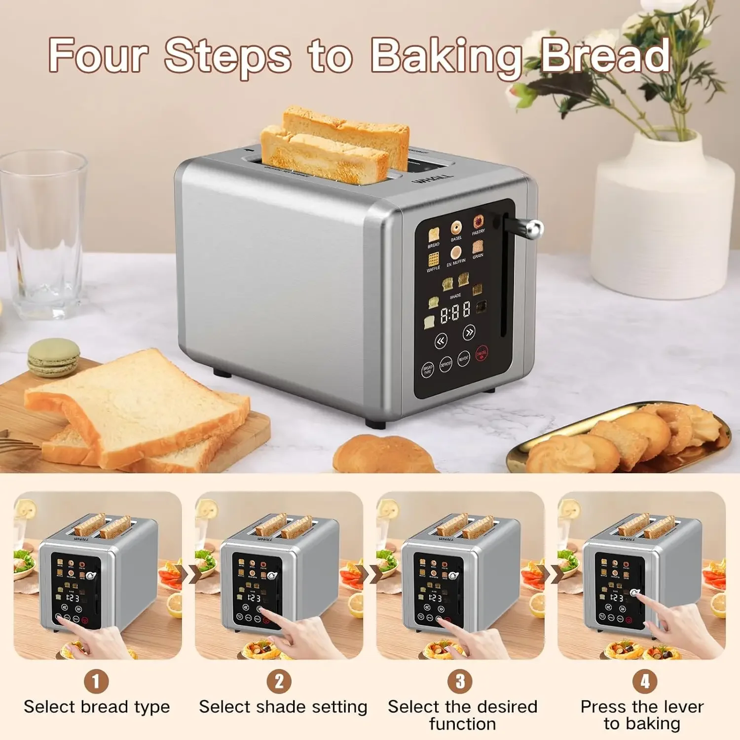 Touch Screen Toaster 2 Slice, Stainless Steel Digital Timer Toaster, 6 Bread Types & 6 Shade Settings, Smart Extra Wide Sl