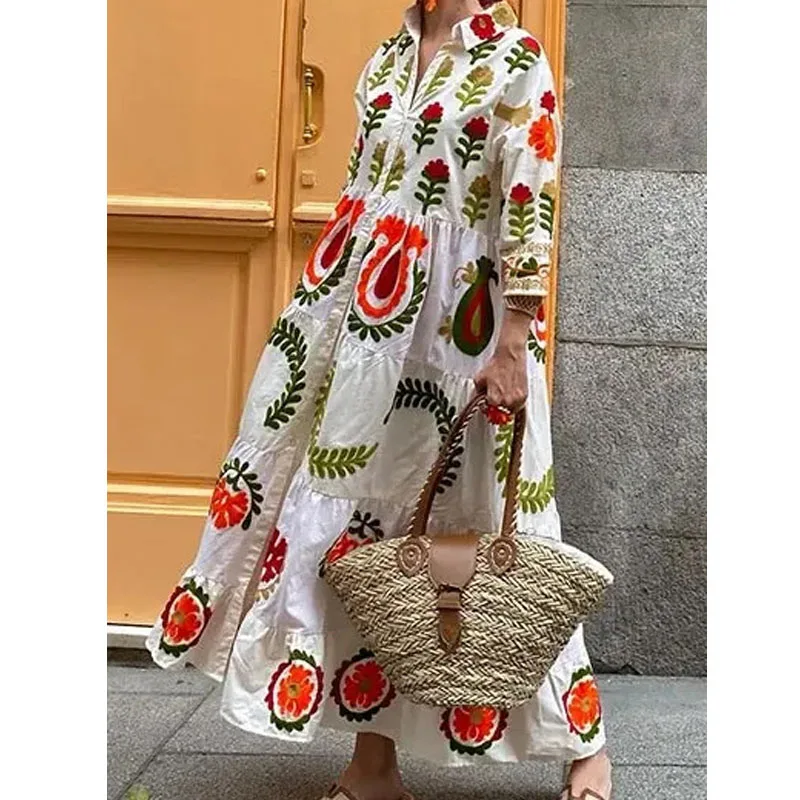 

2025 summer new lapel print long-sleeved dress single row multi-button loose long skirt casual style club clothing Vestidos