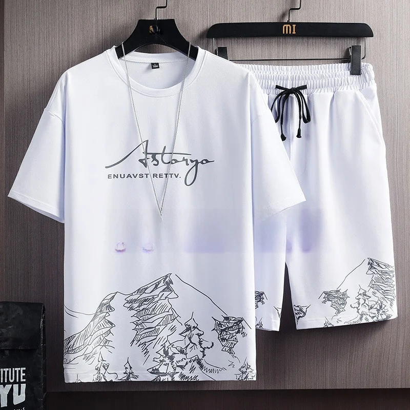 

Casual Ice Silk Men's Sportswear Set Summer Loose Fit Two-Piece Complete Set Trendy Brand Teenage Short Sleeve T-Shirt Shorts