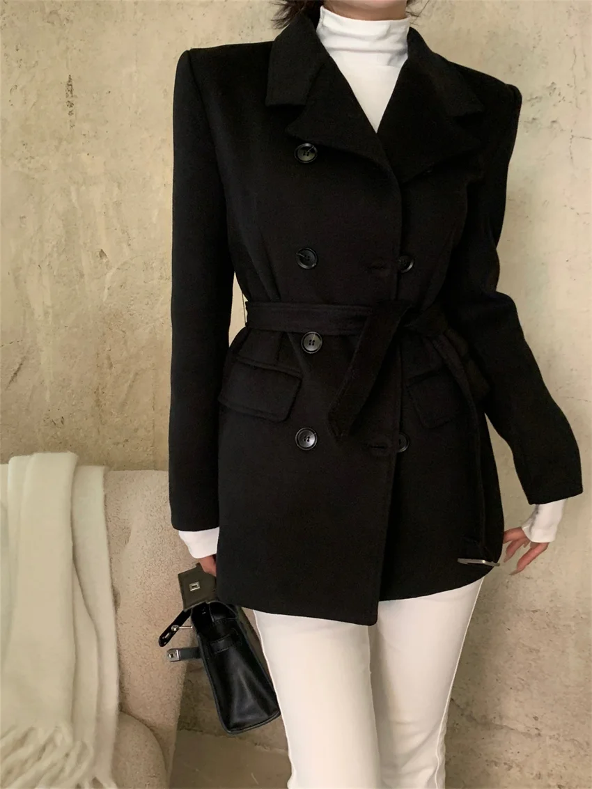 

Alien Kitty Black Woolen Slim Blazers Women With Belt Chic 2024 Spring Daily Office Lady Elegant Minimalist Work Wear Coats
