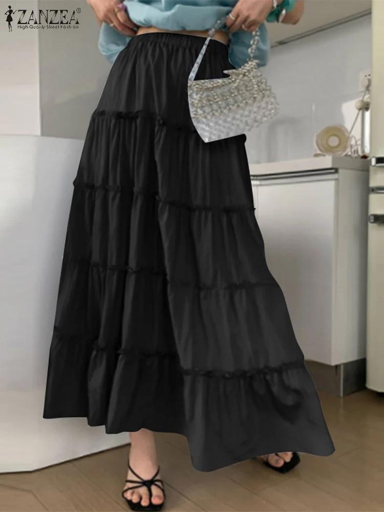 Stylish Ruffles Hem Skirts ZANZEA Women High Waist Baggy Skirt Jupes Elegant Party Work Ankle Length Skirt Fashion Sundress 2024