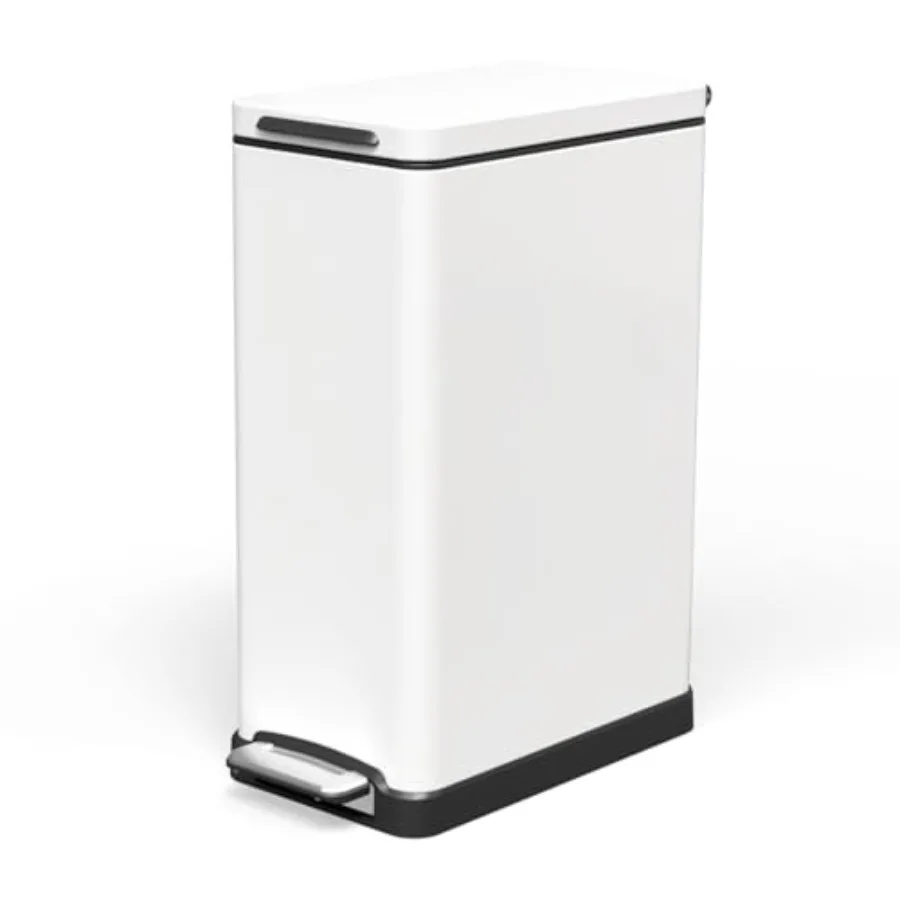 

12 Gallon Slim Kitchen Trash Can with Slow Close Lid and Step Pedal, Stainless Steel, Matte White, 45 Liters