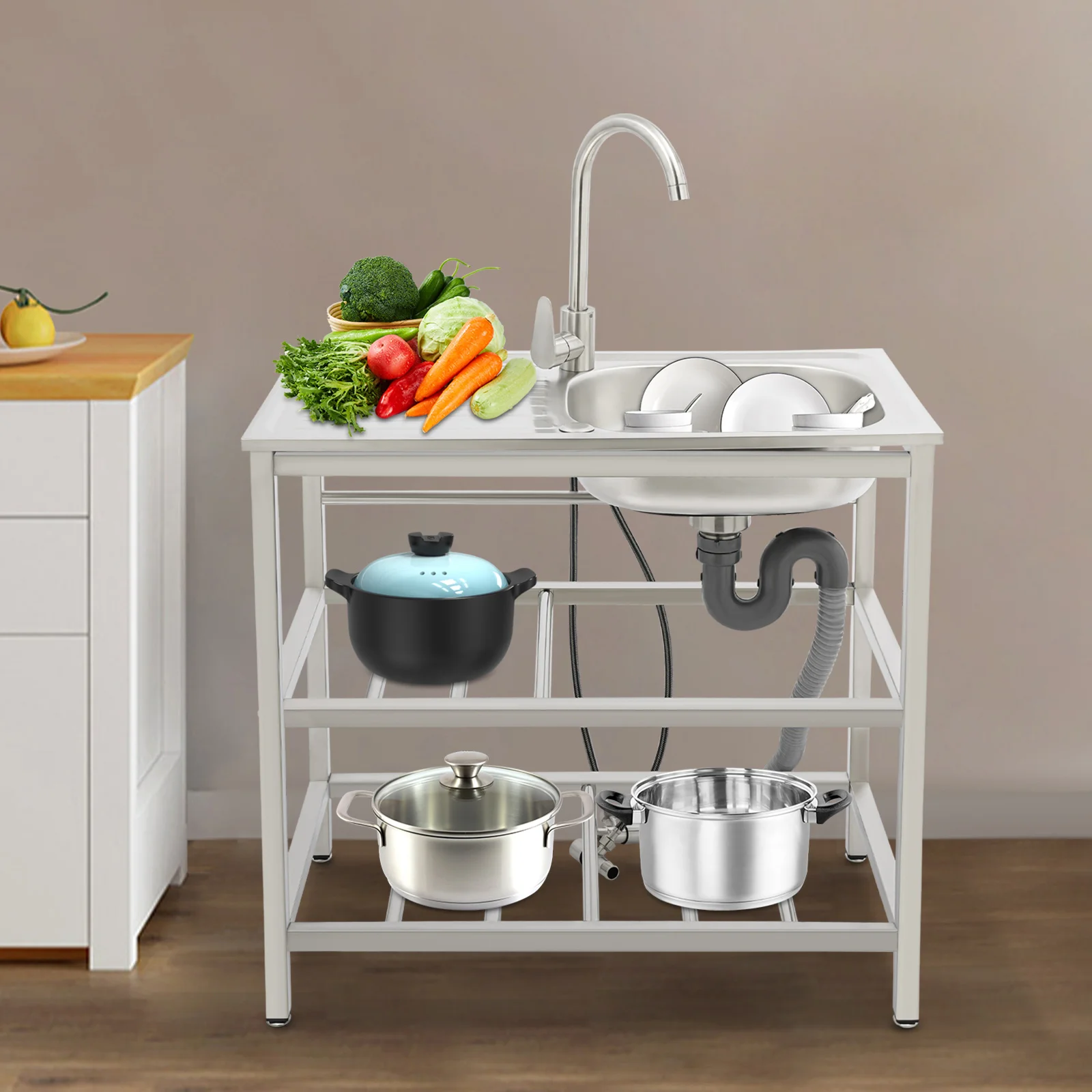 

Отдельностоящая кухонная мойка из нержавеющей стали с краном, одинарная чаша, универсальная мойка с полкой для кухни, улицы, гаража