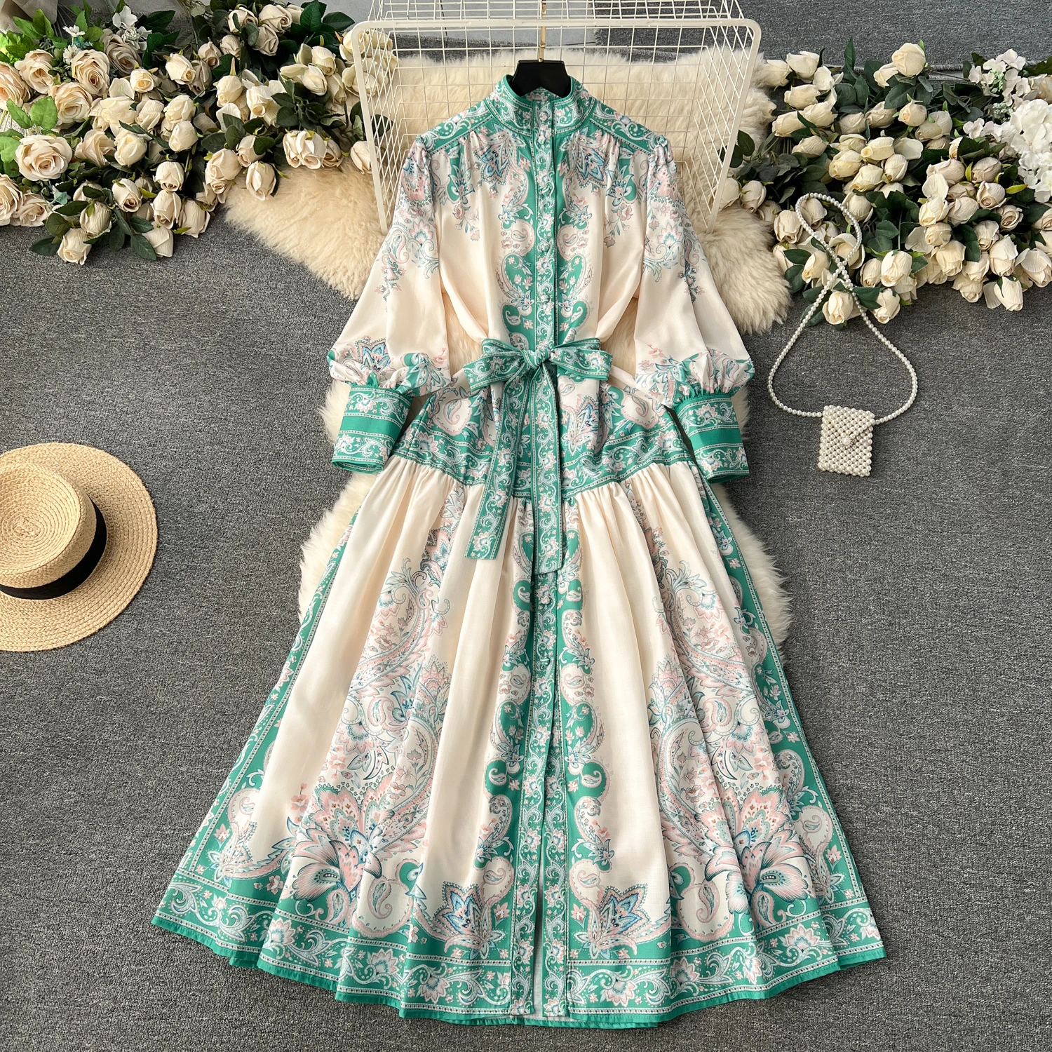 

Clothland Women Vintage Paisley Print Maxi Dress Belt Stand Collar Sashes Long Sleeve Retro Ankle Length Dresses Vestido QD418