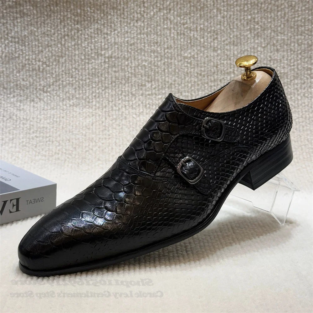 Autumn 2025 British Double Button Serpentine Embossed Pointed Leather Shoes for Men Casual Office Formal Dress Business Shoes