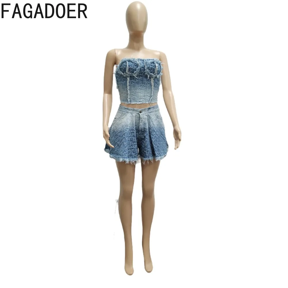 FAGADOER Fashion Gradient Denim A-line Skirts Two Piece Sets Women Sleeveless Tube+Mini Skirt Outfits Casual Pocket Cowboy Suits