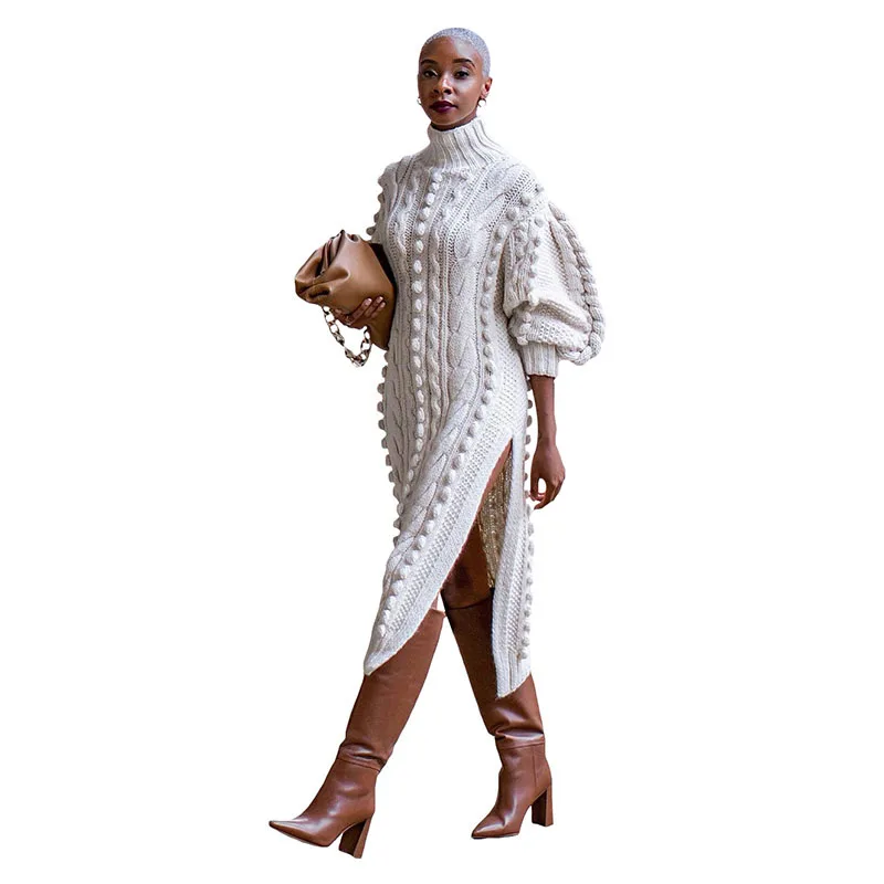 

Mutevole Casual Warm Winter Thicken Dress Women Long Sleeve Turtleneck Knitted Dress Sexy High Split Sweater Dress