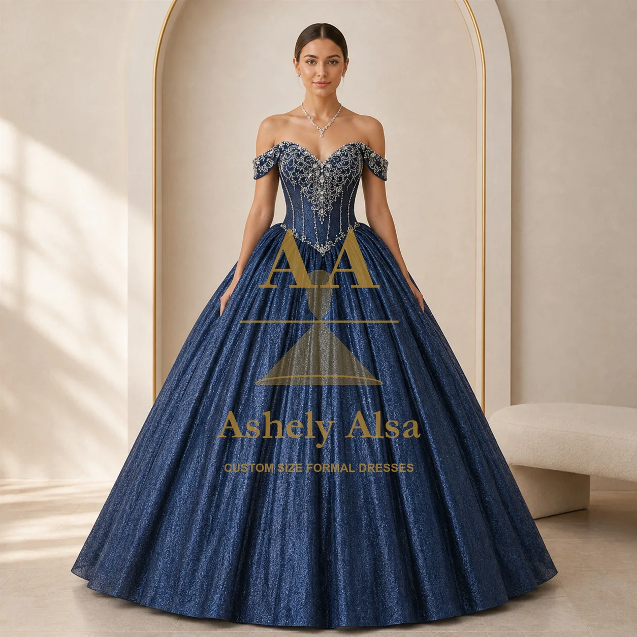 Navy Blue Quinceanera Dress Off Shoulder Beaded Tiered Satin Ball Gown Sweet 15 Birthday Formal Party Vestidos de 15 Anos Prom