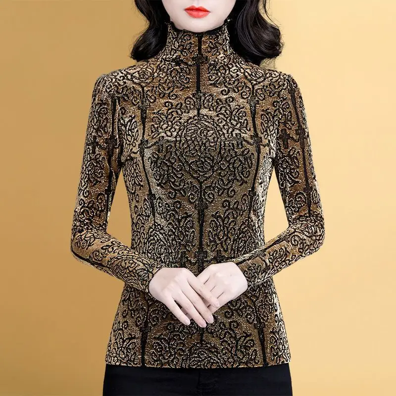 2023 autunno inverno donna Retro Graphic peluche spessa Basic top moda elegante collo alto manica lunga Slim T Shirt Ropa De Mujer