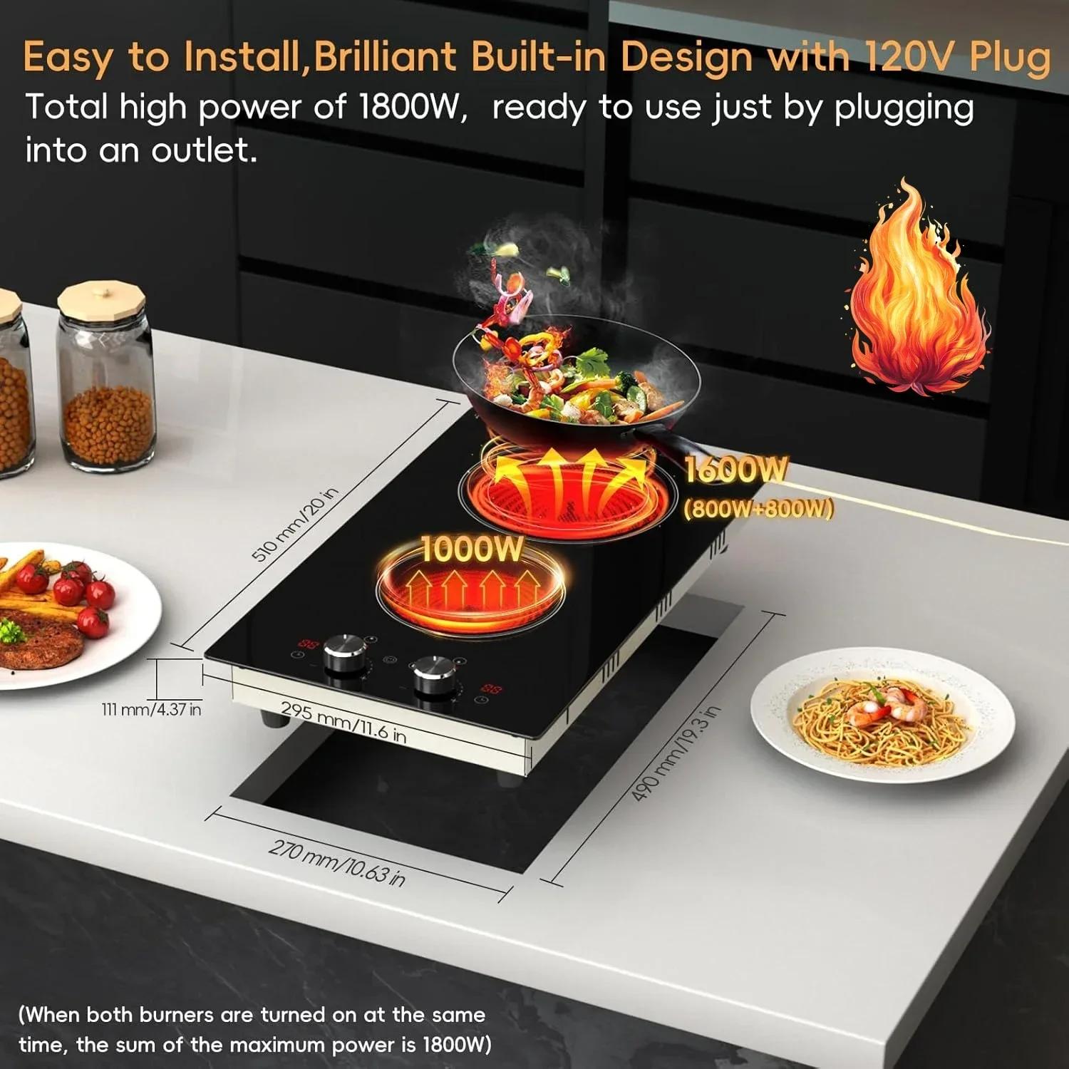 

Электрическая варочная панель с 2 конфорками, 120В, 1800Вт, индукционная, для установки на столешницу и встроенной установки, 12-дюймовое управление с помощью поворотных переключателей