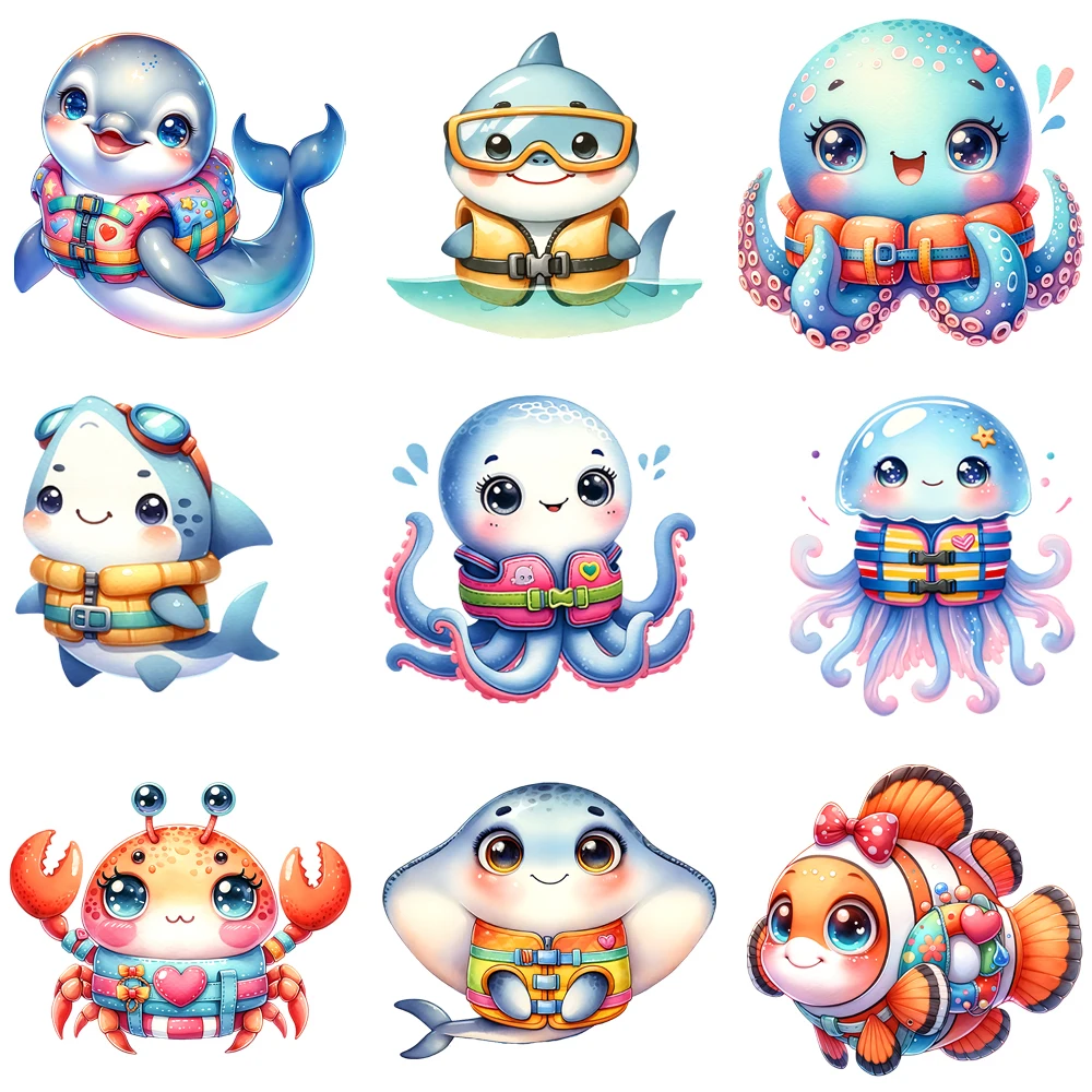 

Термотрансферные наклейки DTF 15 см с мультяшными морскими обитателями: краб, осьминог, дельфин. Для футболок и одежды. Наклейки для термопереноса.