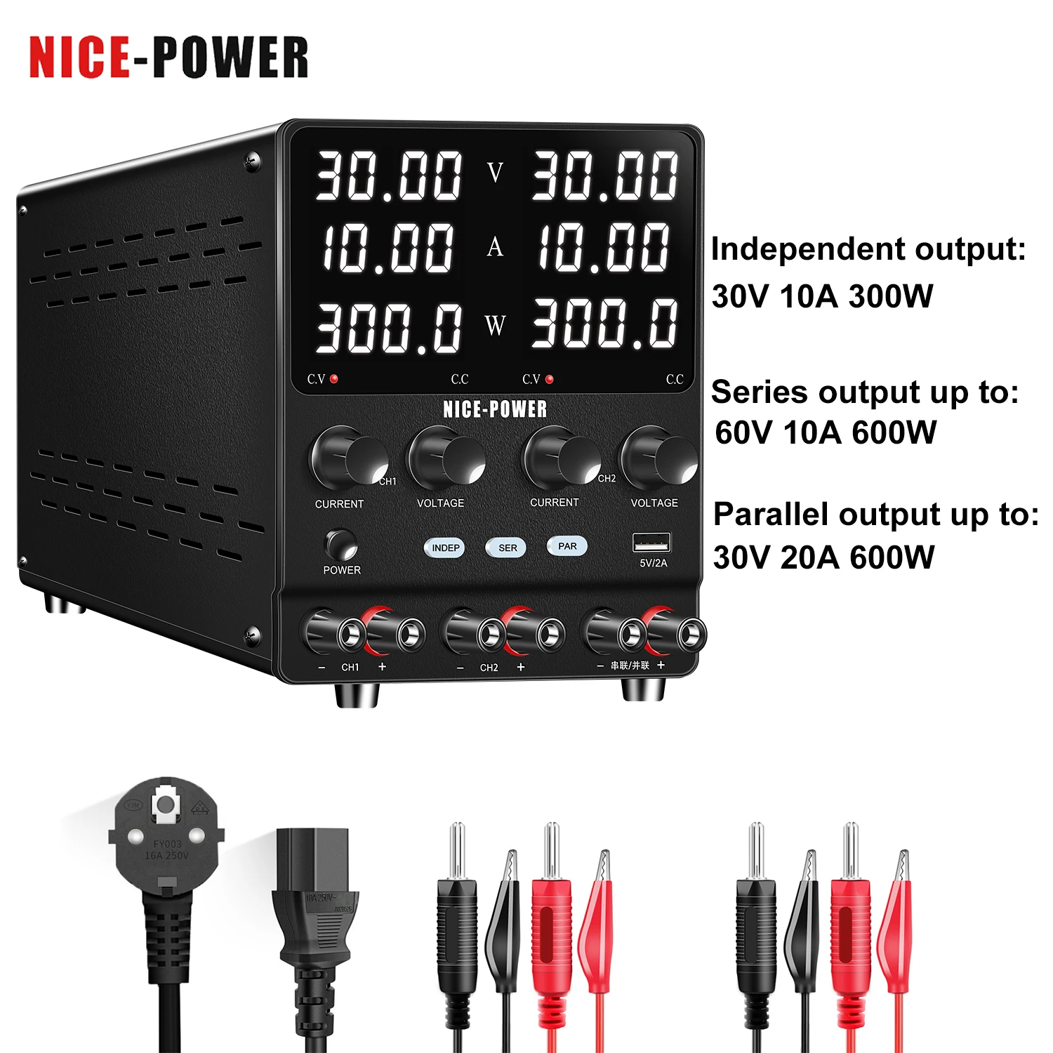 NICE-POWER SPS3010-2KD DC-Netzteil Einstellbares 30V 10A Zweikanal-Netzteil 60V 10A 30V 20A Geregeltes Labornetzteil mit USB, Unterstützt Parallel- und Reihenschaltung