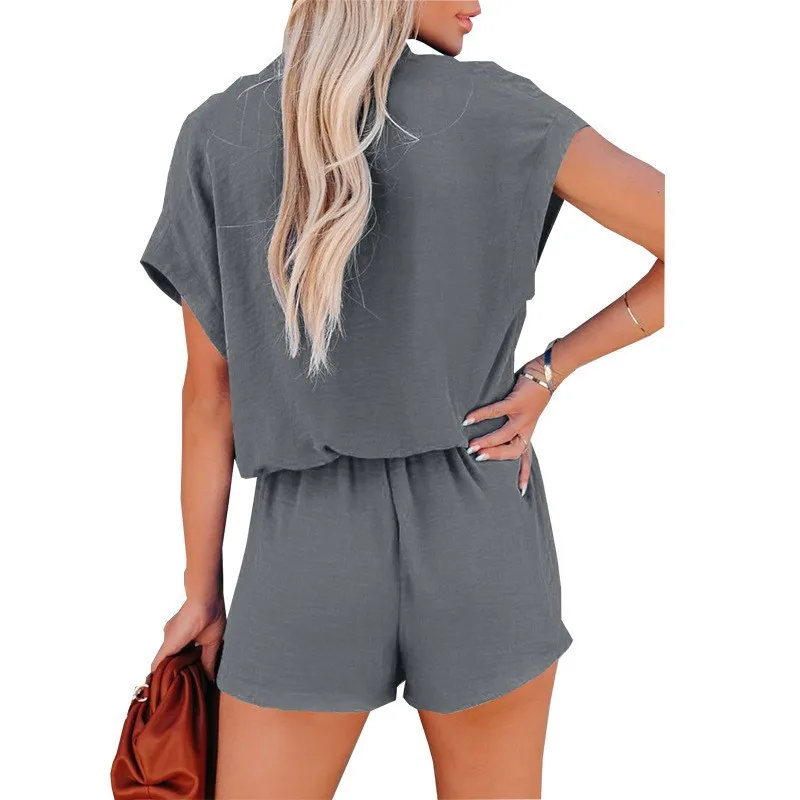 Fashion for Women 2022 Summer Conjoined Pants Casual Deep V Neck Patchwork Cross Thin Casual Short ice wrinkle Jumpsuit Female