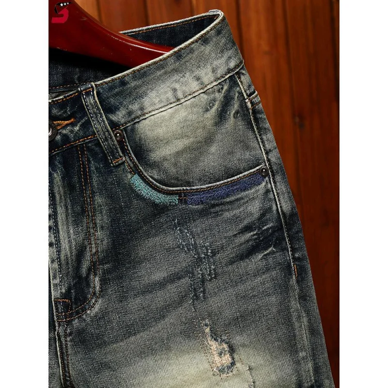 Summer Trendy Denim Shorts Men Fashion High-End Embroidered Flower Hole Patch Retro Slim Fit Straight Leg Casual Five Point Jean