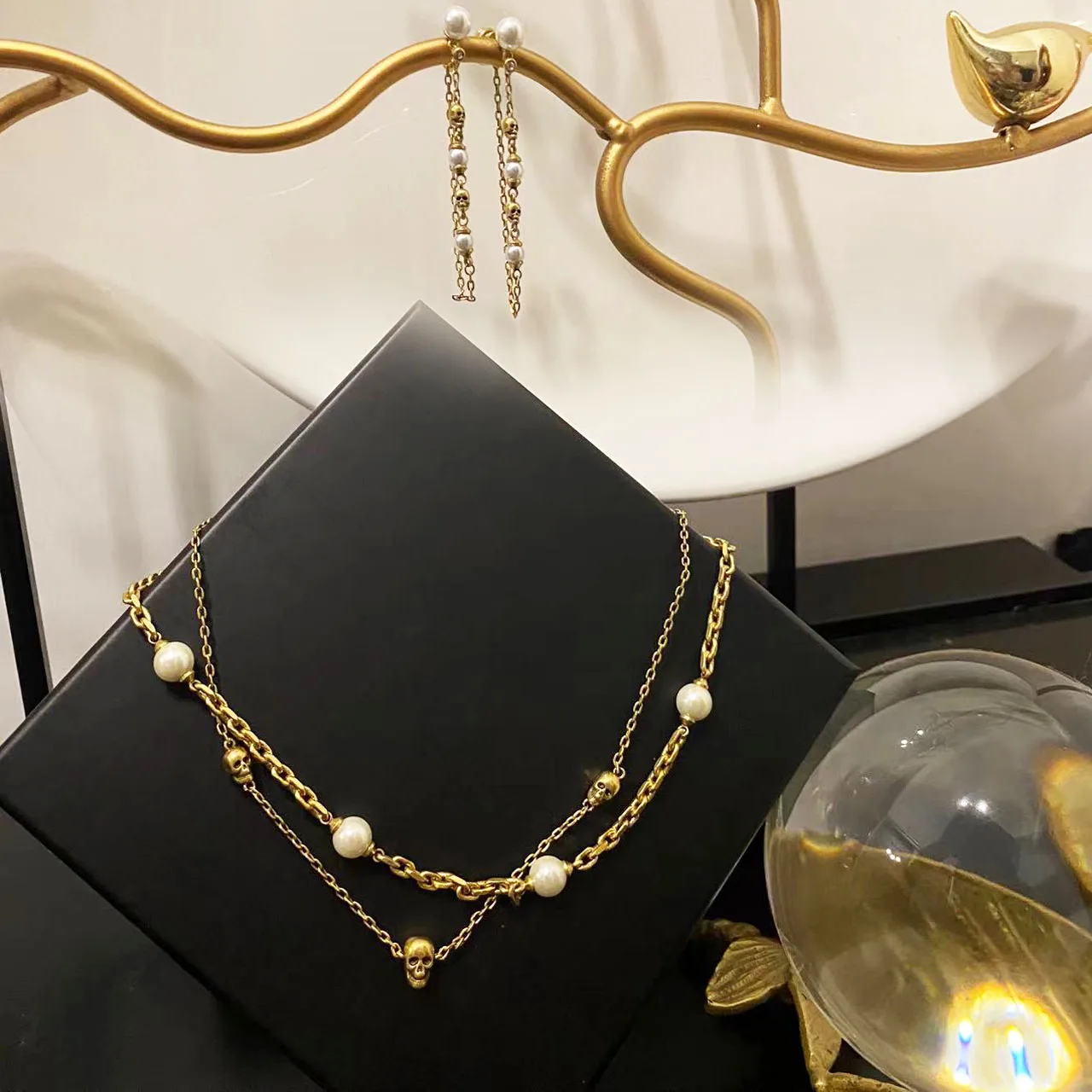 Jewelry & Accessories Hip Rock  Style Skull Shaped Pearl Necklace & Earrings 2-Piece Set for Women‘s Party Gifts